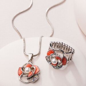 Elegant Silver and Red Floral Jewelry Set